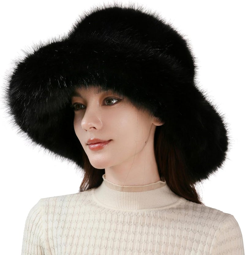 Dikoaina Luxury Faux Fur Bucket Hat for Women Girl – Oversized Brim, Super Soft & Fluffy Winter Hat, Cozy Fur-Like Beanie - Image 1